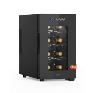 WIE Cave à Vin 8 Bouteilles, 23L Réfrigérateur à Vin, Mini Cave à Vin de Comptoir à Une Zone, Ultra-silencieuse, Façade Miroir, Tactile Écran, LED Intérieur, Bar Intérieur/Extérieur (OVAN-GLOBAL, neuf)