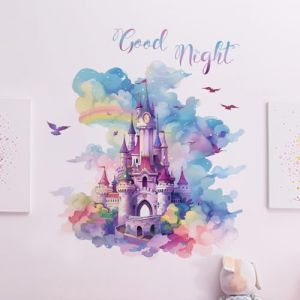 Runtoo Autocollants muraux en forme de ch&acirc;teau pour chambre de fille - Color&eacute; - Princesse arc-en-ciel - D&eacute;coration murale pour salon, chambre de b&eacute;b&eacute;, chambre d'enfant (Decalplanet-EU, neuf)