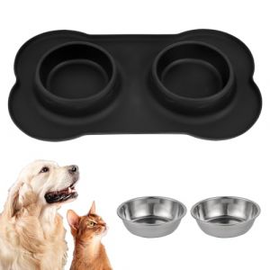 Tapis Gamelle Chat INOX, 2 PcsGamelle pour Chien et Chat Antid&eacute;rapante en Acier Inoxydable, Double Bols Eau avec Tapis Gamelle Chien Anti Eclaboussure en Silicone (42 x 26 cm) (Kexiangkeji, neuf)
