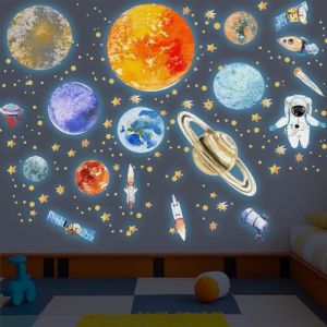 Lot de 3 feuilles d'autocollants muraux phosphorescents 9 planètes étoiles lumineuses astronaute planète autocollant mural lumineux étoiles système solaire sticker mural pour chambre d'enfant chambre (XDGBGFN, neuf)