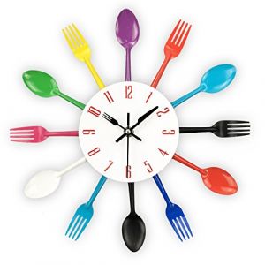 Horloge de cuisine effet miroir avec cuill&egrave;re, fourchette, autocollant amovible en 3D pour la d&eacute;coration de la maison 32*32*4CM Color&eacute; (Timelike Official Store, neuf)