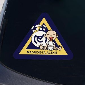 Wanapix | Autocollant Bébé Madridista à Bord avec Nom | Résistant aux Intempéries | Forme Triangle 15x13cm | Fan du Real Madrid (Wanapix, neuf)