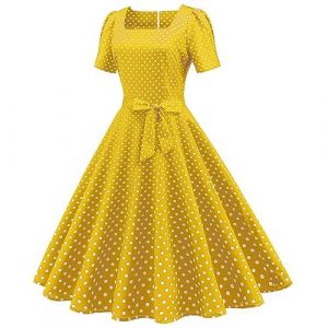 Générique Robe De Cocktail Femme Robe Annee 20 30 40 50 60 70 Pin Up Rockabilly Vintage Soirée Communion Femme Mi-Longue Rétro Robe À Pois Manche Courte Au Genou A-Line pour Anniversaire Regular (qiaoxiahe, neuf)