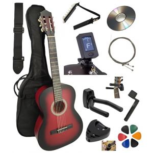 AMROVA Pack Guitare Classique 3/4 Enfant (9 à 12 ans) 10 Accessoires Cour Vidéo et CD (Rouge) (Amrova FR, neuf)