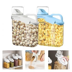 LANGMINGDE Lot de 2 conteneurs &agrave; c&eacute;r&eacute;ales, 2 l, herm&eacute;tiques, grands, pour aliments secs, avec bec verseur, verre mesureur pour snacks, c&eacute;r&eacute;ales, riz, sans BPA, distributeur, plastique (MeiQingDeDianPu, neuf)