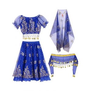 Sxiwei 5 Pi&egrave;ces Tenue Danse Orientale Fille Enfant Robe Danse du Ventre Deguisement Indienne Princesse Spectacle Cosplay A Bleu 9-10 Ans (Sxiwei, neuf)