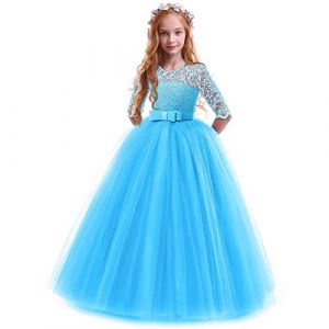 IWEMEK Enfants Fille Robe de Carnaval Princesse Longue en Dentelle avec Bowknot Demoiselle d'honneur Robe de Soirée Mariage Robe de Première Communion Anniversaire Fête Photographie 7-8 Ans (IWEMEK, neuf)