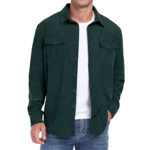 QIXING Chemises boutonn&eacute;es en velours c&ocirc;tel&eacute; pour homme - Manches longues - Veste de camionneur - Vestes d'automne d'hiver avec poches &agrave; rabat, dark green8, XXL (shangguanguk, neuf)