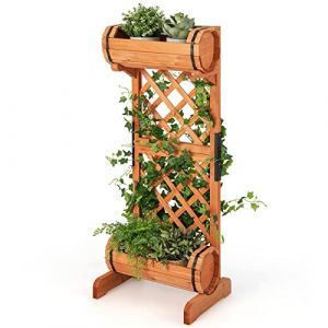 COSTWAY Jardinière à 2 Niveaux avec Treillis en Bois de Sapin, Bac à Fleurs pour Plante Grimpante Vigne, Lit de Jardin Résistance aux Intempéries (45,5 x 36 x 113 cm) (FDS GmbH, neuf)