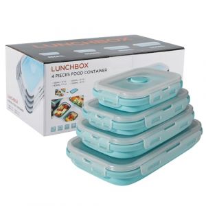 R&eacute;cipient pliable en silicone avec couvercle,bo&icirc;te &agrave; lunch portable pour pique-nique en plein air,peu encombrant,r&eacute;sistant au micro-ondes,au lave-vaisselle et au cong&eacute;lateur,lot de 4 (bleu clair) (Beeptrum, neuf)