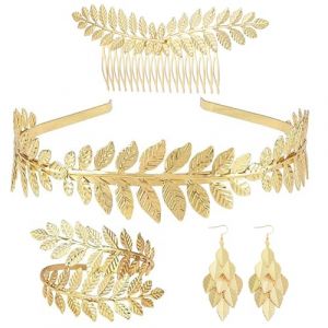 VIDSTW 5 Pièces Déesse Grecque Costume Parures pour Femme Inclure Boucles D'oreilles Bracelets Bandeaux Peignes à Cheveux Deguisement Deesse Grecque Femme Couronne Laurier Parure Bijoux Femme (B) (BAIYIKEJI, neuf)