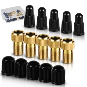 flintronic Lot de 5 adaptateurs de valve Presta en laiton pour pompe &agrave; v&eacute;lo (lot de 5 + 10 capuchons), adaptateur de valve pour convertir Presta en Schrader, gonfler les pneus &agrave; l'aide d'une pompe (flintronic&reg;-eu, neuf)