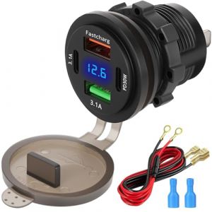 Prise USB 12V, Prise usb Voiture, Prise de Chargeur USB C, Chargeur de Voiture Double PD et Double Quick Charge 3.0 avec Voltm&egrave;tre pour Voiture Chargement Rapide pour Bateau Camping-Car Camion Moto (ICECUBE SHOT LIMITED, neuf)