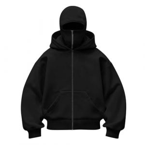 Cagoule &agrave; capuche masqu&eacute;e pour enfants coupe-vent chaude &agrave; capuche fermeture &eacute;clair int&eacute;grale sweatshirts de loisirs mode l&eacute;ger couleur unie hauts &agrave; manches longues avec poches, Noir , 13-14 ans (leycheg, neuf)