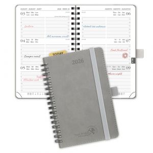 POPRUN Agenda de Poche 2026 A6 Semainier 16 x 10,5 cm - Couverture Souple en PU Cuir Spirale, Petit Agenda, D'Jan 2026 à Déc 2026-12 Mois, Règle signet, Papier 100 g/m², Gris (Time Works Wonders, neuf)