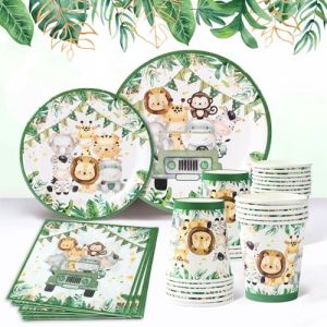 Kit Assiette Jetable Anniversaire, Animaux de la Jungle Vaisselle avec Serviette Papier, Assiettes, Gobelet Carton, Vaisselle et Arts de la Table pour Bapteme, Baby Shower, Deco Anniversaire Jungle (HUIFENG-UK Direct, neuf)