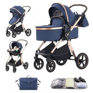 BEBBY Poussette 3 en 1, Landau Combin&eacute;es, V&eacute;hicule b&eacute;b&eacute; Tout Terrain, Poussette Naissance, Buggy Canne Paysage Haut Cadre en Aluminium Pour Nouveau-n&eacute; (D2-BLUE-1, H2-D) (BEBBY, neuf)