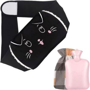 Bouillotte, bouillotte chat en peluche, bouillot souple chat pour enfants et adultes pour r&eacute;chauffer le cou, les &eacute;paules, le dos et la taille (noire) (GEQOGN LTD, neuf)