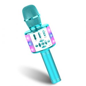 BONAOK Microphone Bluetooth sans Fil, Micro Enfants avec Lumi&egrave;res LED, Mini Machine Karaok&eacute; pour F&ecirc;te/Maison/Anniversaire, Compatible avec Bluetooth iOS Android (Bleu) (BONAOK FR, neuf)