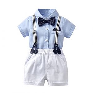 Volunboy B&eacute;b&eacute; Gar&ccedil;on Ensemble Costume, Manches Courtes Noeud Papillon Chemise avec Short Bretelle Barboteuse(Bleu,9-12 mois,Taille 73) (Volunboy, neuf)