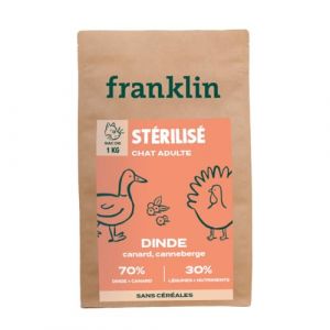FRANKLIN – Croquettes Chat Stérilisé – Adulte – Gamme Carnivore – 70% de Dinde et de Canard – Riche en Protéines – Croquettes sans Céréales – Anti-Boule De Poil – Fermeture Intégrée – Taille 9mm – 1kg (Franklin Pet Food, neuf)