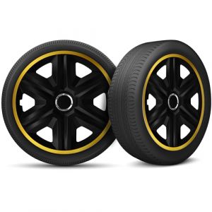 Moltico Enjoliveur - Set de 4 Universel Enjoliveurs - Adapt&eacute; &agrave; Toutes Roues en Acier - Enjoliveurs pour Auto - Anneau de S&eacute;curit&eacute; R&eacute;glable - 16 Pouces - Or-Noir (Moltico-Shop, neuf)