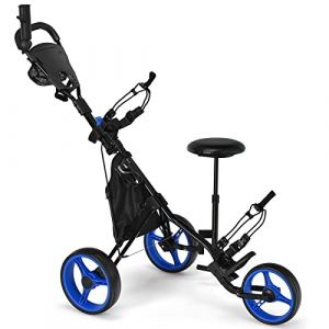 COSTWAY Chariot de Golf &agrave; 3 Roues Pliable, avec Porte-gobelet, Frein &agrave; Pied, Tableau de Score, Sac de Rangement, Poign&eacute;e R&eacute;glable sur 4 Positions, Porte-Parapluie et Si&egrave;ge R&eacute;glables(Bleu + Noir) (FDS GmbH, neuf)