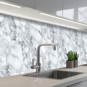 KitchenYeah© Crédence Cuisine À Coller 60x250 cm Protection Plaque De Cuisson Adhesif Plastique Rigide Dalle Murale Mosaïque - Marbre - Blanc - Irrégulier (KitchenYeah, neuf)