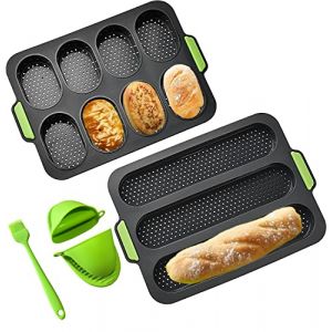 YXIAOO Moule &agrave; Baguette Silicone Antiadh&eacute;sif, Plaque &agrave; Pain Long Plaque &agrave; Baguette Hot-dog avec 2 Clips Isolants Et Pinceau &agrave; Huile (Gris, Baguette) (YXIAOO, neuf)
