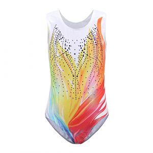 IBAKOM Enfant Filles Gymnastique Ballet Justaucorps Sans manches Danse Body scintillant une pièce Danse justaucorps Vêtements de danse Arc-en-ciel-jaune 5-6 ans (ZhuL, neuf)