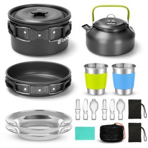 Odoland Kit de camping avec réchaud pliable pour 2 personnes, casserole, poêle, bouilloire avec tasses, assiettes, fourchettes, couteaux, cuillères pour cuisine en plein air et pique-nique (Aveka, neuf)