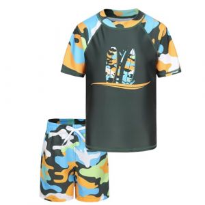 Maillot de Bain UV Garçon 2 Pièces - T-Shirt Anti UV Enfant à Manches Courtes, Haut de Bain et Short pour Surf, Natation, Piscine, Plage - 15-16 Ans (ZhouKe Maoyi, neuf)