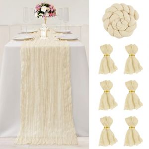 FALSKT Chemin de Table Beige Chemin de Table Gaze Mousseline Boh&ecirc;me 300&times;90cm Translucide Rustique pour Mariage Anniversaire Communion F&ecirc;te, 6PCS Serviette de Table en Tissu, 6PCS Rond de Serviette (YUYIFENG, neuf)