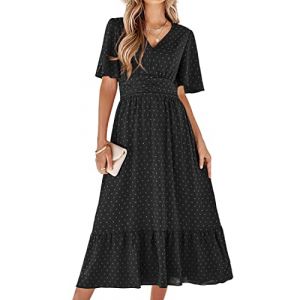 BebreezChic Robe d'été longue bohémienne élégante à manches courtes et col en V Taille haute Motif à pois suisses froncées Robe de plage, Noir , XL (BebreezChic, neuf)