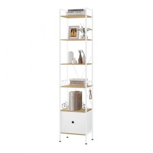 WOLTU Bibliothèque Étagère Rangement, Étagère d'angle à 5 Niveaux, avec 1 Tiroir, 40x30x187cm, Cadre en Métal, Chêne Clair+Blanc, RGB63whe (WOLTU GmbH, neuf)