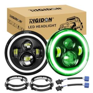 RIGIDON 2x 7 50W Phare Auto Moto LED Avec Anneau de Montage, Phare de Travail 5000LM, Blanc Verte 4 Modes Eclairages Rond Feux LED Off Road Feu DRL HI LO Beam pour Wrangler JK TJ LJ CJ JP Hummber (Sanyue-EU, neuf)
