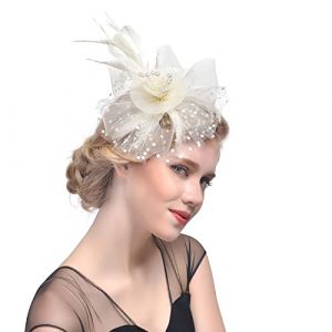 Chapeau bibi pour femme - Chapeau bibi pour femme - Chapeau avec bandeau en voile et un clip fourché pour fête de thé, fête, église, mariage, cocktail, club de jockey - Beige (IBRAVE, neuf)