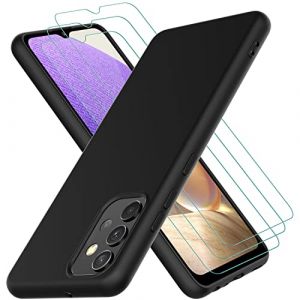 Oureidoo Coque pour Samsung Galaxy A32 4G, avec 3 Verre trempé Protection écran, Housse Silicone Liquide, Fin et Léger, Étui de Protection Contre Les Chocs et Les Chutes, Noir (Oureidoo, neuf)