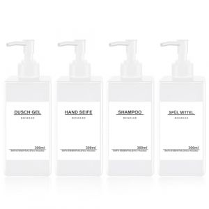 Distributeur de Savon Liquide Blanc 300ml 4Pi&egrave;ces Distributeur de Savon Salle de Bain en Plastique Distributeur de Gel Douche Rechargeable pour Lotion Shampooing Douche, avec Entonnoir, &eacute;tiquette (Roselee Direct, neuf)
