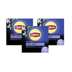 Lipton Th&eacute; Noir Earl Grey, Go&ucirc;t Bergamote d'Italie, Label Rainforest Alliance, Lot de 3x20 sachets, 60 Sachets Pyramid (PENNGUIN-FR-CAMON, neuf)