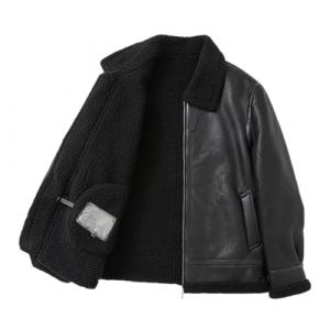 Dasongff Blouson Aviateur en Peau Lain&eacute;e V&eacute;ritable pour Homme B3 Blouson Court en Cuir et Fausse Fourrure d'agneau Col &agrave; Revers Fermeture &eacute;clair (ELECTRI, neuf)