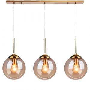 XIRYTU-H Suspensions Vintage Industrielles à 3 Lumières avec Abat-jour Boule de Verre, Lampe Suspendue au Plafond en Laiton Métal, Lustre d'îlot de Cuisine (Gris, Droite) (Ambre) (XIRYTU-H, neuf)