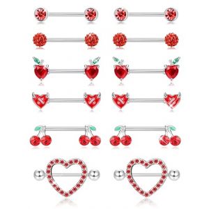 Kakonia 6 Paires Piercing Téton Mamelon pour Femmes en Acier Inoxydable 316L Coeur Papillon Lune CZ Fleur Barbell de Téton Ensemble Mignon Piercing Mamelon Bijoux (Kakonia, neuf)