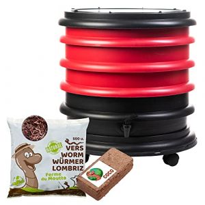 WORMbox | Lombricomposteur 3 Plateaux Rouge + 250gr de vers de Compost + 1 Bloc Coco | 48 litres | Compostez Vos déchets organiques, Les vers de Terre/lombrics produisent du lombricompost (Ferme du Moutta, neuf)
