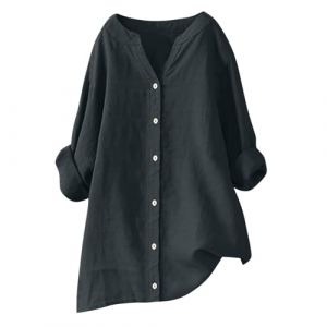 RLEHJN Chemisier Coton Et Lin pour Femmes T-Shirt &Agrave; Manches Longues Boheme Col V Boutonn&eacute; Shirt Basique Casual Tuniques Blouse L&acirc;che Respirant T-Shirts Vetement Femme Ete Solde Cadeau Pas Cher (⭐⭐⭐⭐⭐RLEHJN, neuf)