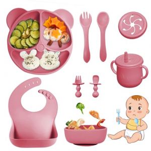 Bizcasa Coffret Repas Bebe 9 pièces, Vaisselle Antiderapant pour Bébé Set Silicone avec Ventouse Assiette Bol Fourche Cuillère Bavoir et Tasse, Assiette Enfant Set, Sans BPA (Rose foncé) (CHERRY-TECH, neuf)