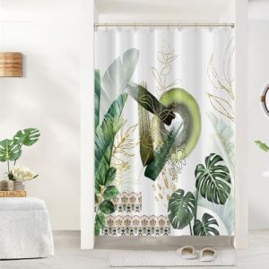 Uiiooazy Rideau Douche Anti Moisissure, Rideau de Douche 150x200cm Vert Tropicale Jungle Feuilles de Palmier Rideaux de Baignoire Tissu Lavable Imperm&eacute;able Rideaux Salle de Bain avec 10 Crochets (dongguibinjingpinxiaodianpu, neuf)