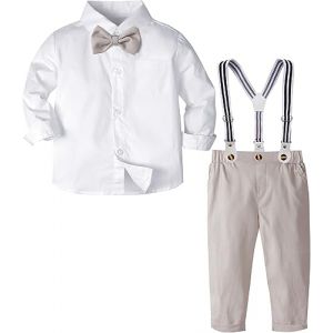 mintgreen Ensembles B&eacute;b&eacute; Gar&ccedil;on, Enfant Mariage V&ecirc;tements Manches Longues Chemises + Pantalon + Bretelles + N&oelig;ud Papillon, Blanc Amande, 4-5 ans, 120 (A&J DESIGN, neuf)