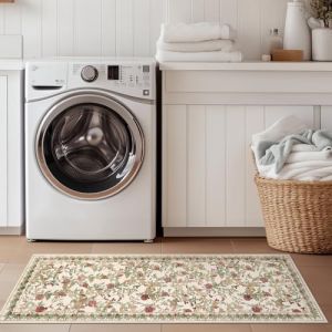 TOPICK Tapis de Couloir Lavable pour Cuisine, Tapis &agrave; Poils Courts Vintage en Fleurs, Rouge-Vert Romantique, Antibact&eacute;rien, Pliable, Antid&eacute;rapant, Fin, pour Ponts, Chambre, Salon, Couloir 60x150cm (Audrey Home Fashion, neuf)