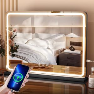 Aovquof Miroir Hollywood Maquillage Lumineux, 80x55cm, Grand Miroir LED Coiffeuse avec LED, 3 Modes d'éclairage, avec USB et loupe 10x Amovible, Miroir Mural, Miroir de Table - Noir (meilinks, neuf)